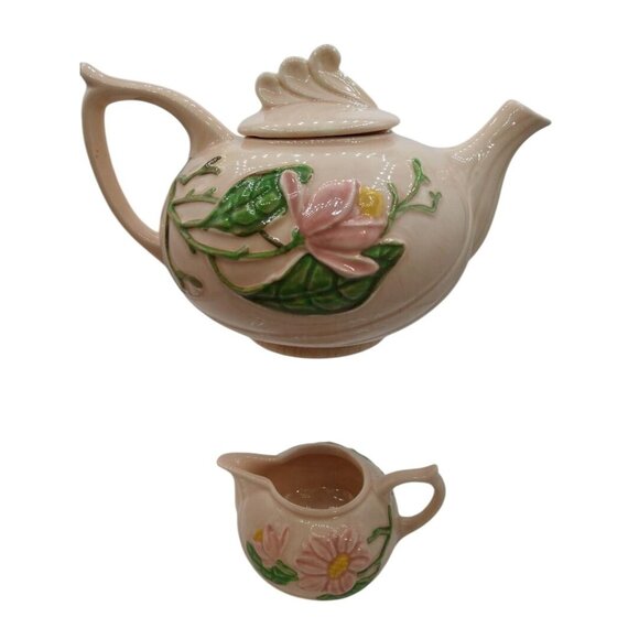 Vintage Ceramic  Hull Teapot & Creamer With Embossed Pink Blossoms And Green Lea - Picture 1 of 7